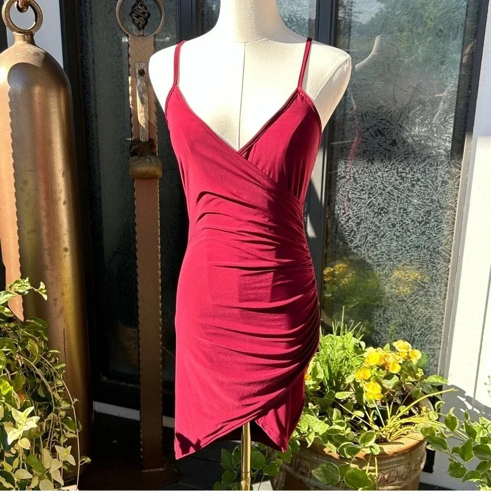 NWT Pretty Little Thing Burgundy Ruched Side Slinky Strappy Faux Wrap Mini Dress